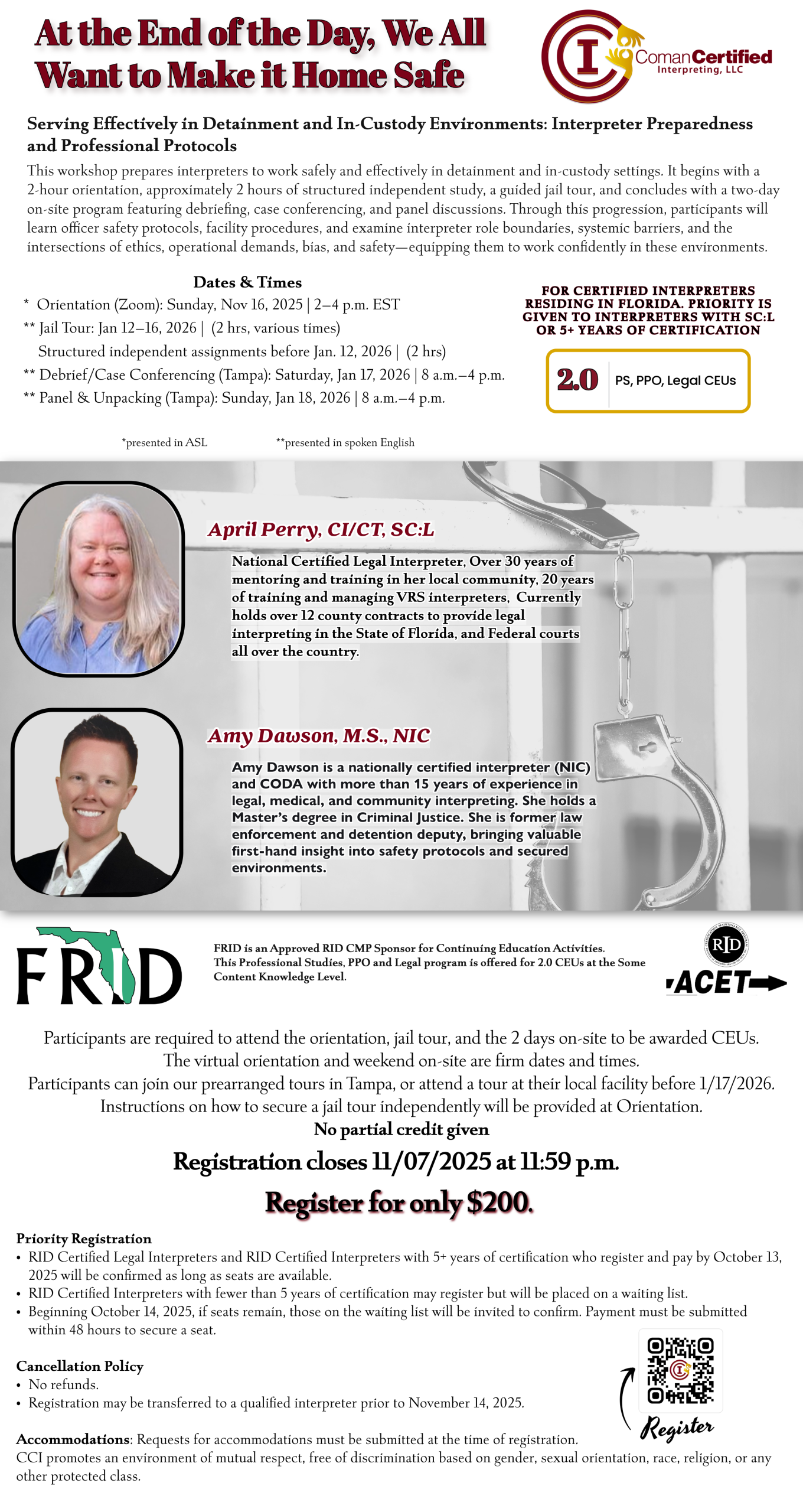 Flyer for the workshop “At the End of the Day, We All Want to Make it Home Safe”, a training program for certified interpreters in correctional environments, hosted by Coman Certified Interpreting and FRID.