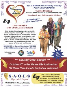 “Flyer for Memory Lane, a family-friendly play by SAGES Theater on Oct. 4, 2025, in Dunedin with free tickets and ASL access.”