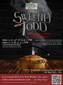 “Flyer for Sweeney Todd: The Demon Barber of Fleet Street at Richey Suncoast Theatre, June 5–14, 2026, with ASL show.”